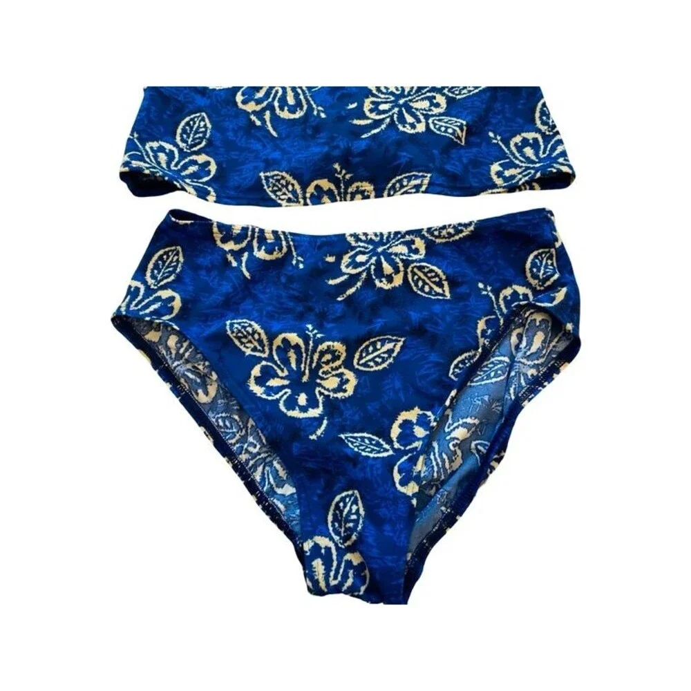 Lands’ End Tankini Swimsuit Set Size 8 Blue Gold Hibiscus Floral Vintage Y2K